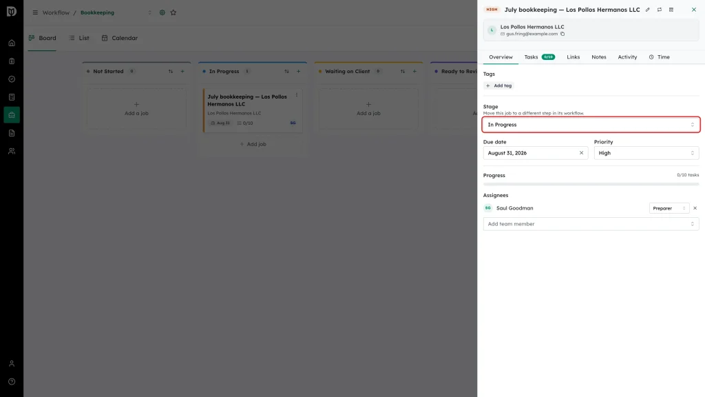 Stage field highlighted on the job panel's Overview tab