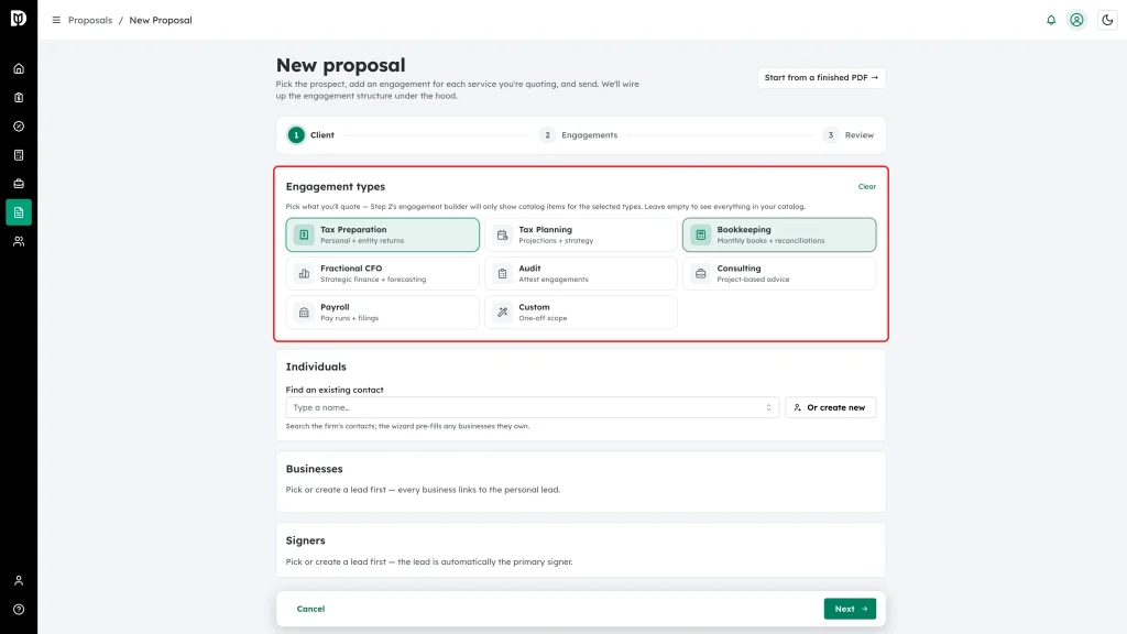 Engagement types panel with Tax Preparation and Bookkeeping selected