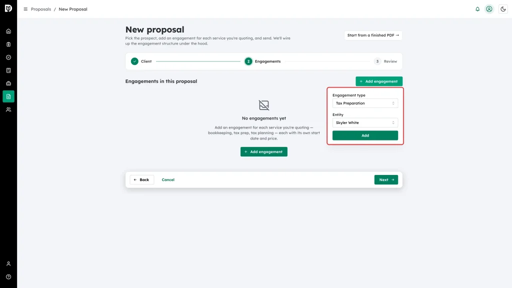Add engagement popover with Engagement type and Entity selectors