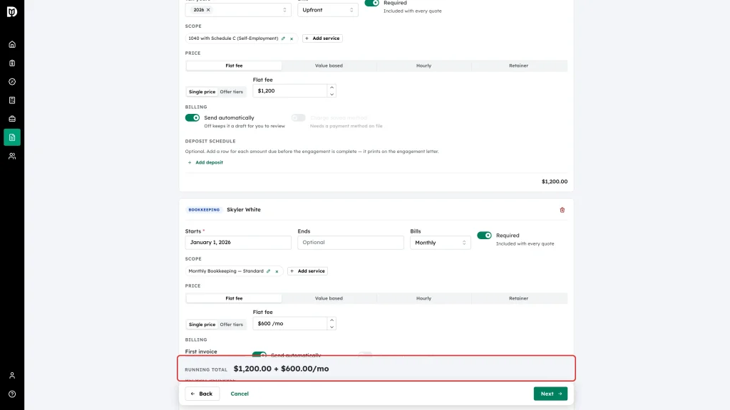 Running total bar showing a one-off fee plus a monthly fee