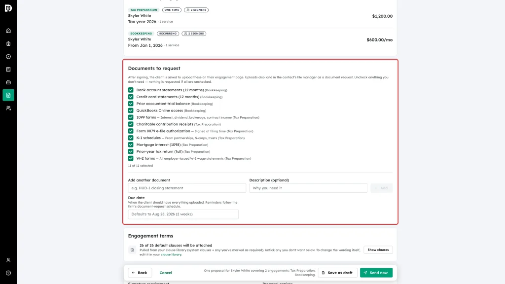 Documents to request panel with the default checklist ticked