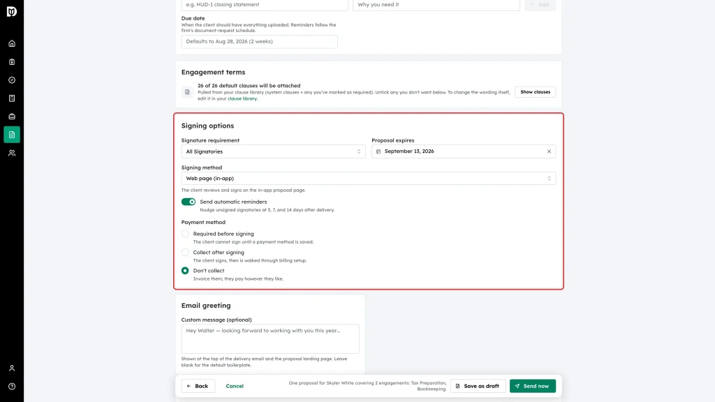 Signing options panel with signature requirement, expiry, signing method, reminders and payment method