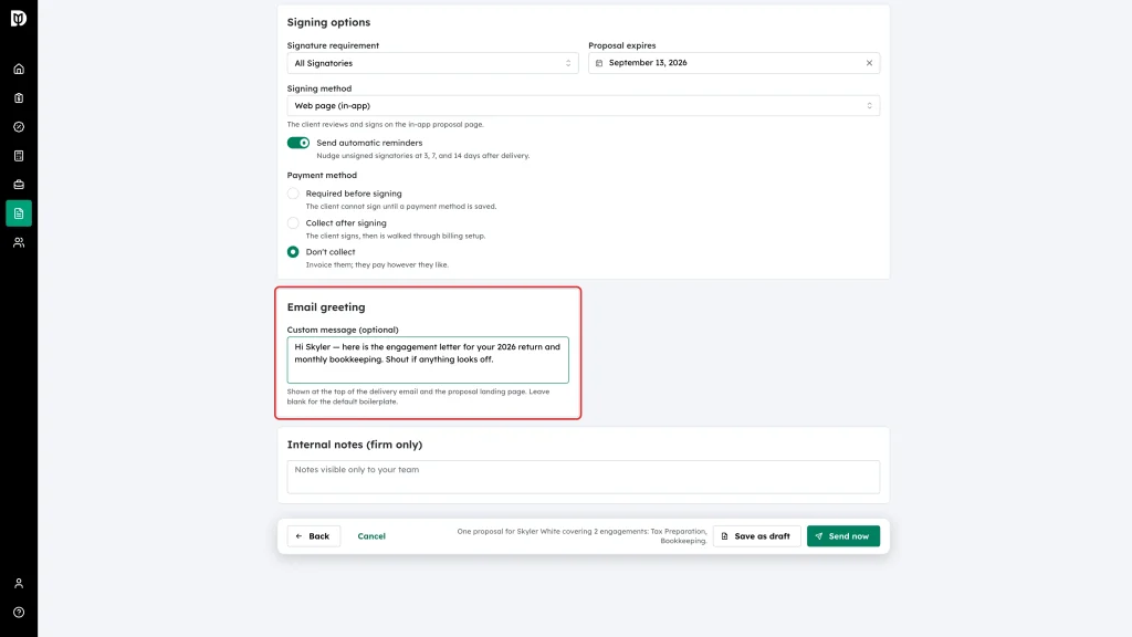 Email greeting panel with the custom message box