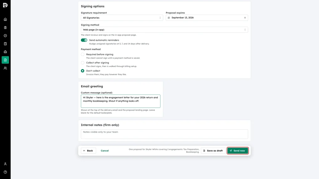 Send now button in the wizard footer