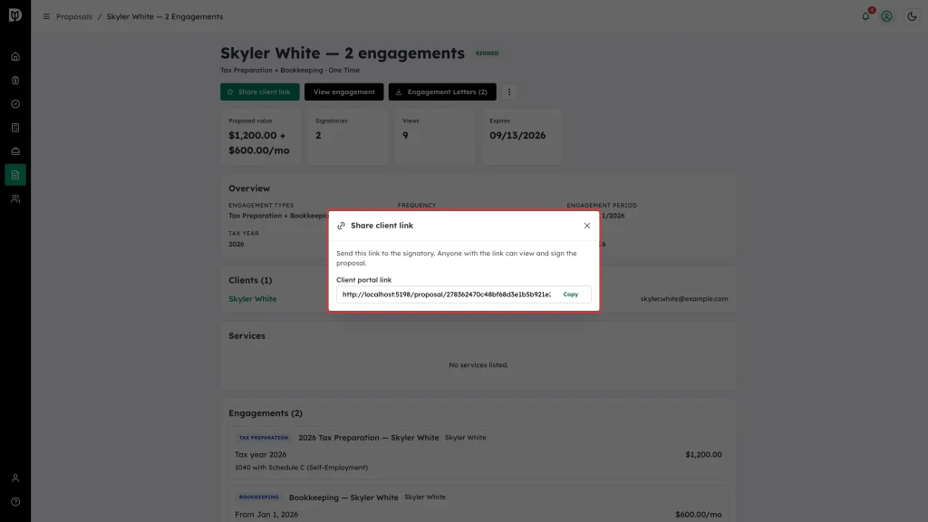 Share client link modal with the client portal link and Copy button
