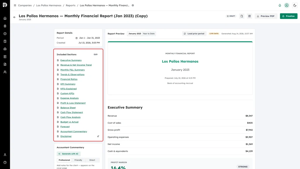 Included Sections panel highlighted in the report workspace