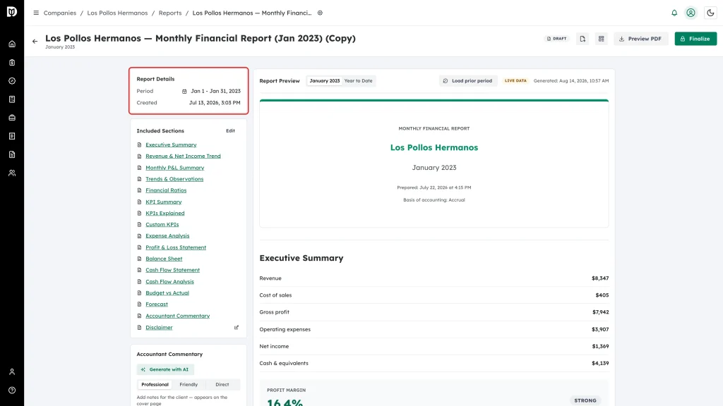 Report Details panel highlighted showing period and created date