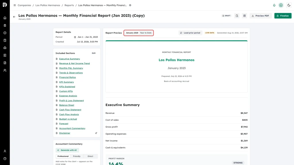 Month and Year to Date toggle highlighted in the Report Preview header