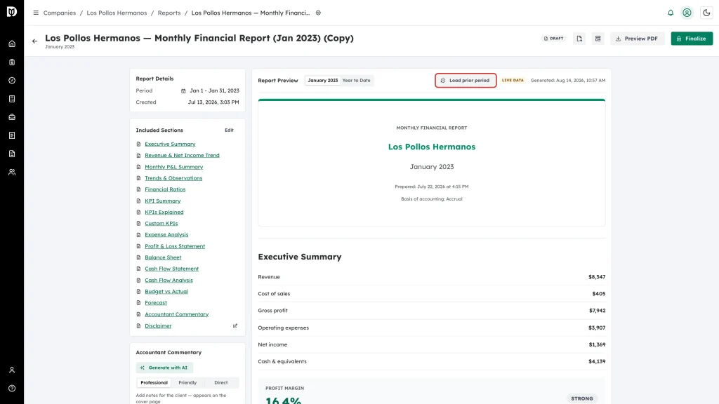 Load prior period button highlighted in the Report Preview header