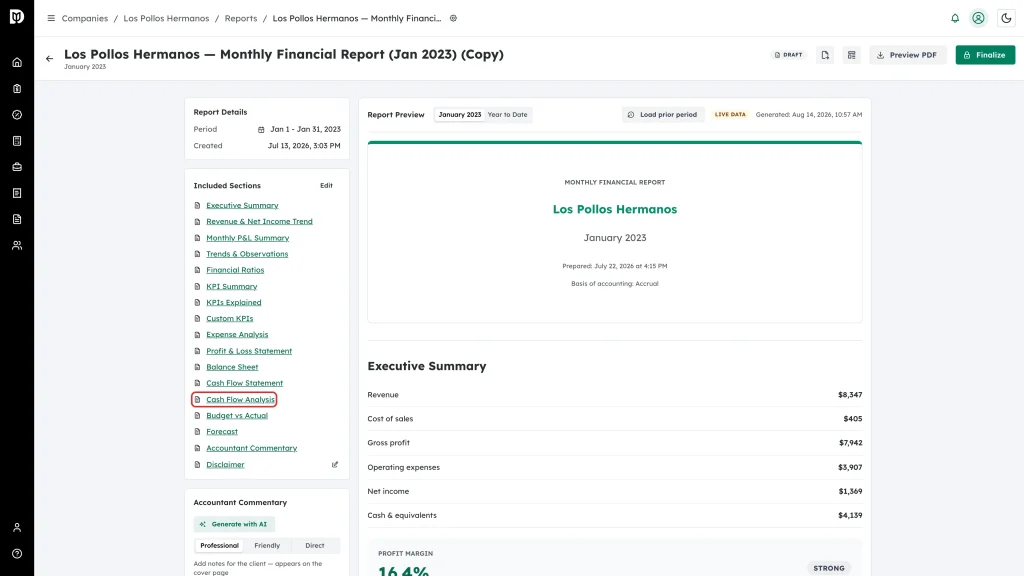 Cash Flow Analysis link highlighted in the Included Sections list