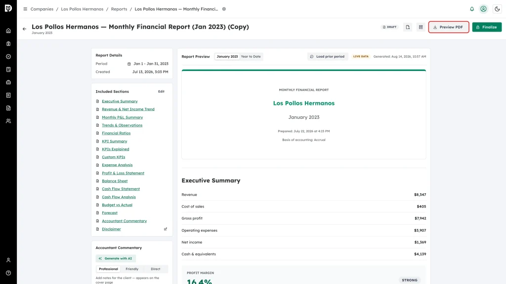 Preview PDF button highlighted in the report header