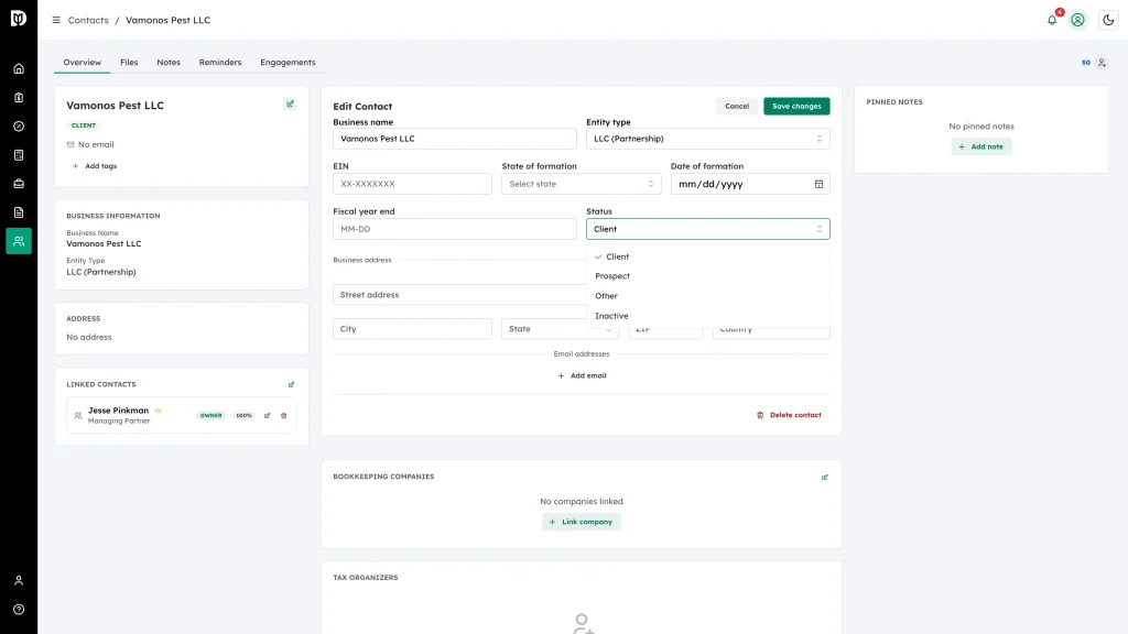 Status list open with Inactive among the options