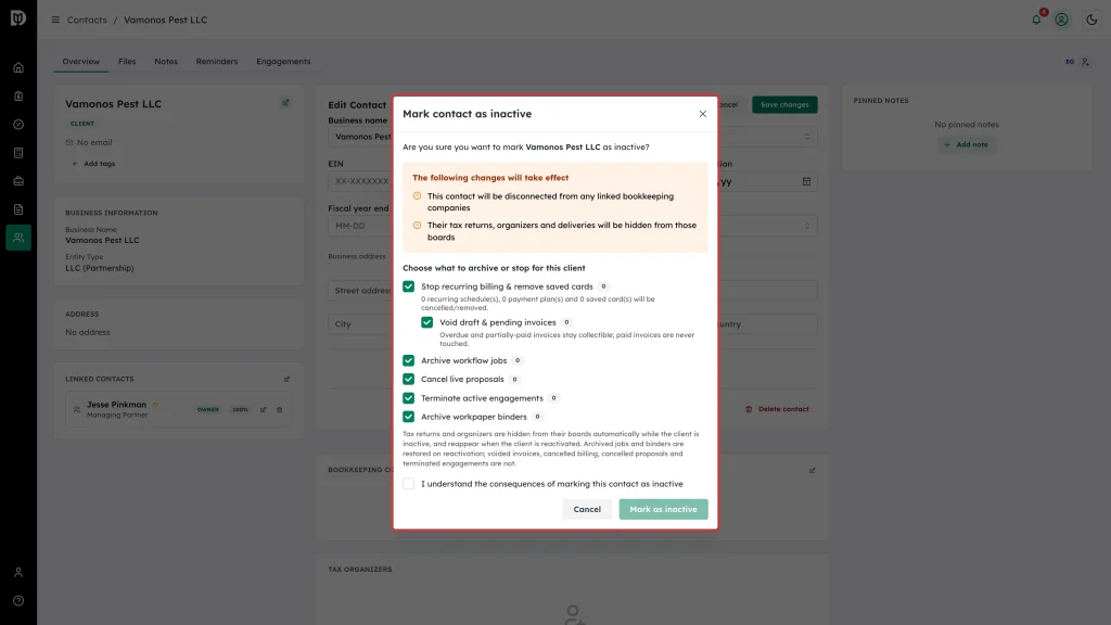 Mark contact as inactive window highlighted, showing the warning panel and the cascade options