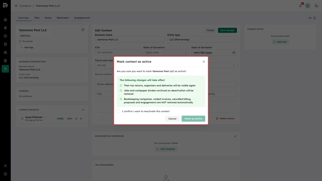 Mark contact as active window highlighted, listing what is and is not restored