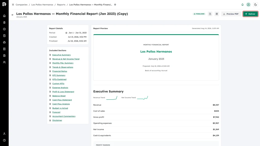 Deliver button highlighted in the report header