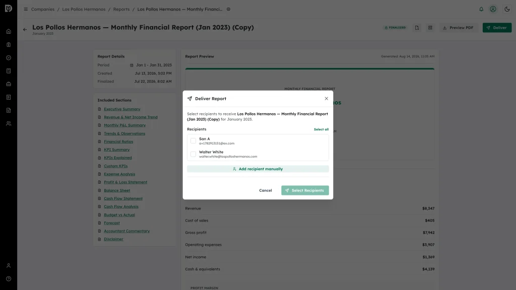 Deliver Report window with the recipient list