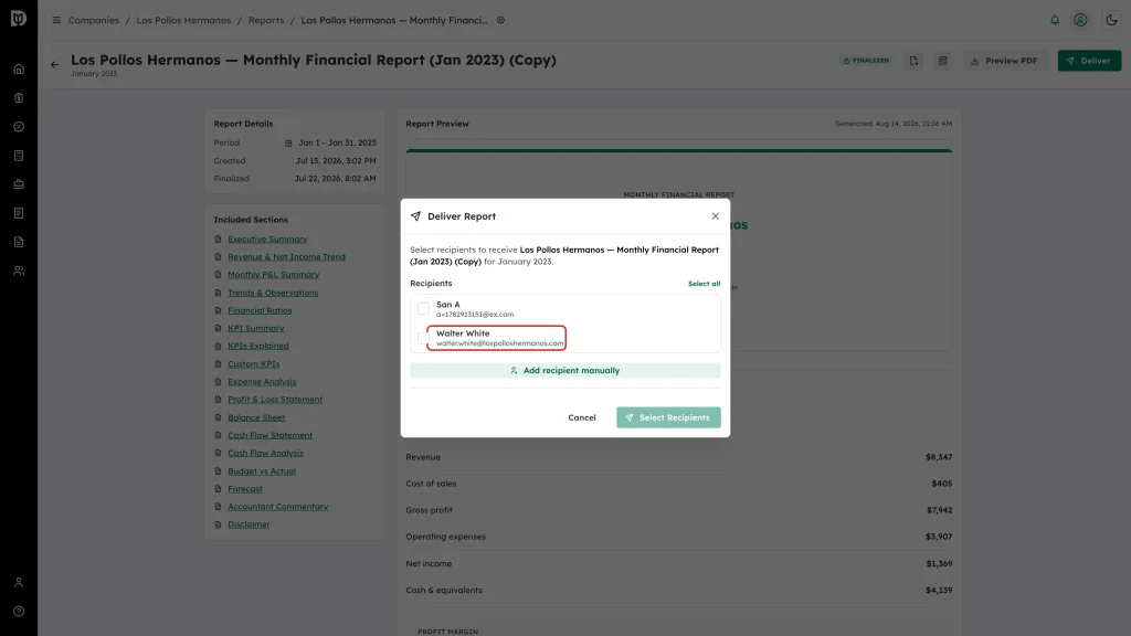 A contact row highlighted in the Deliver Report recipient list