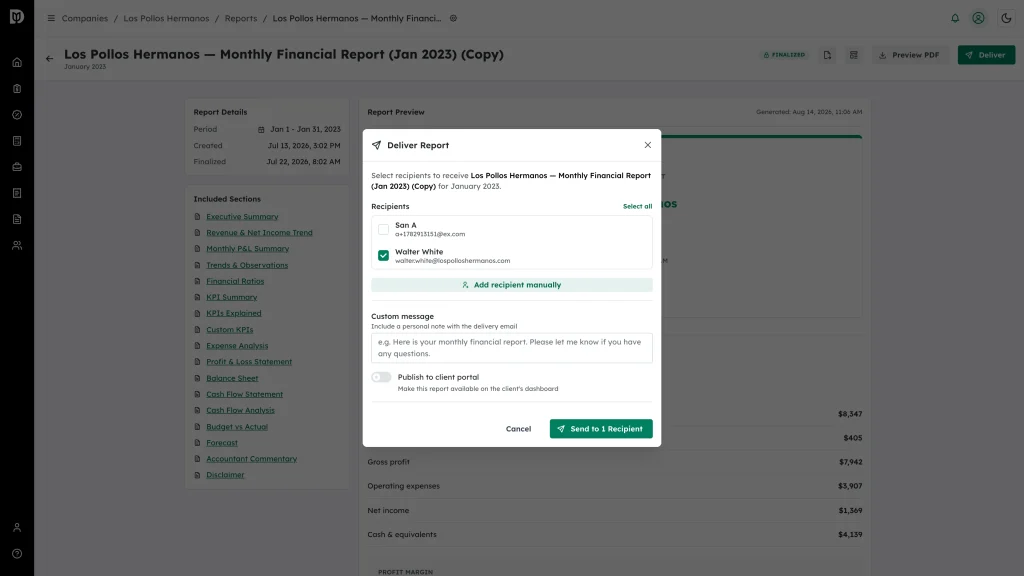Deliver Report window with one recipient ticked