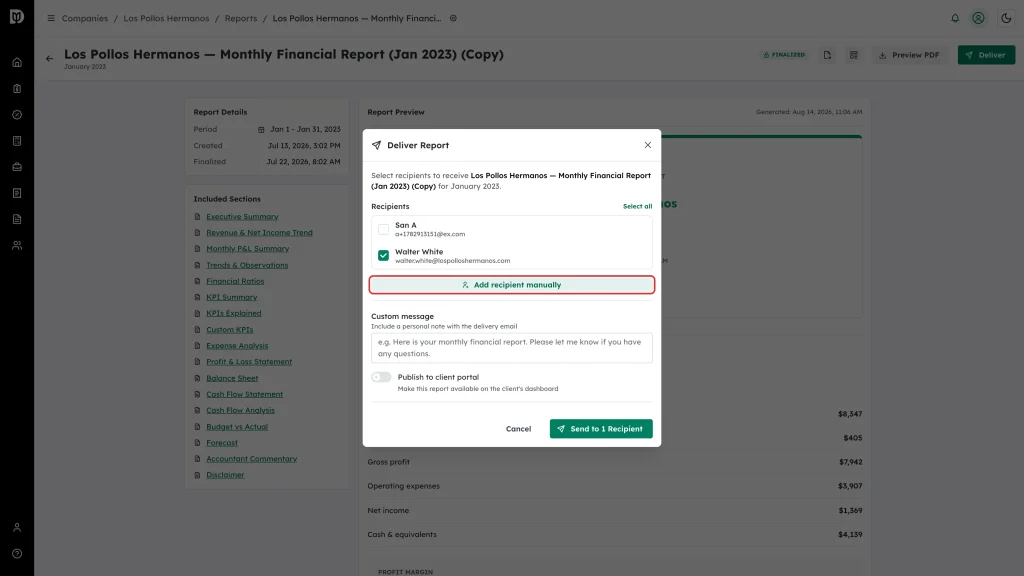 Add recipient manually button highlighted in the Deliver Report window