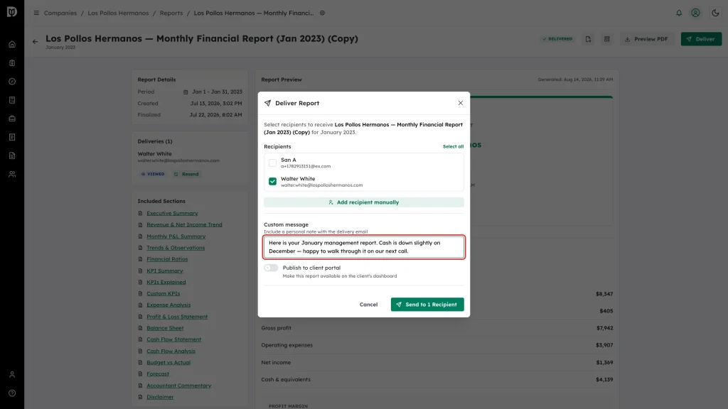 Custom message field highlighted with a note to the client