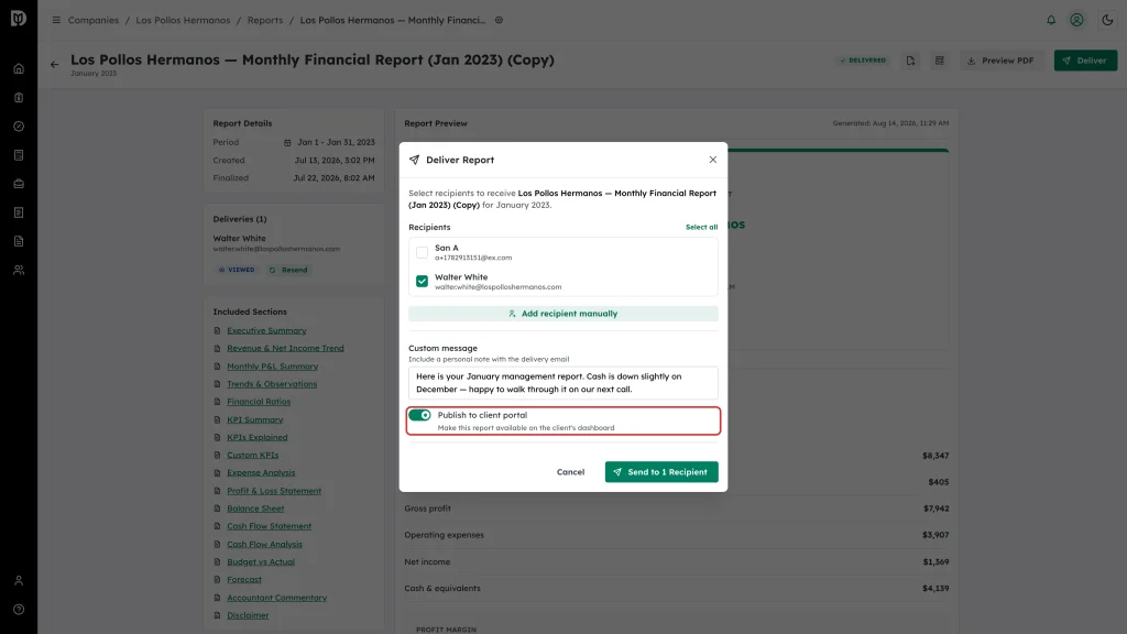 Publish to client portal switch turned on in the Deliver Report window