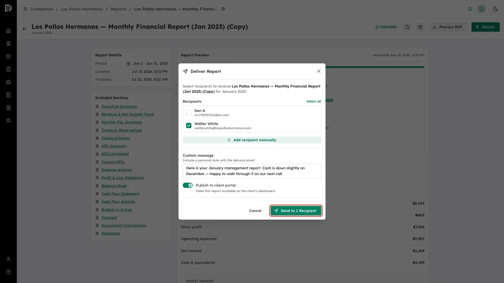Send to 1 Recipient button highlighted in the Deliver Report window