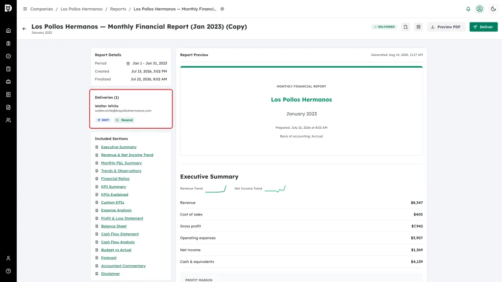 Deliveries panel highlighted showing the recipient and delivery status