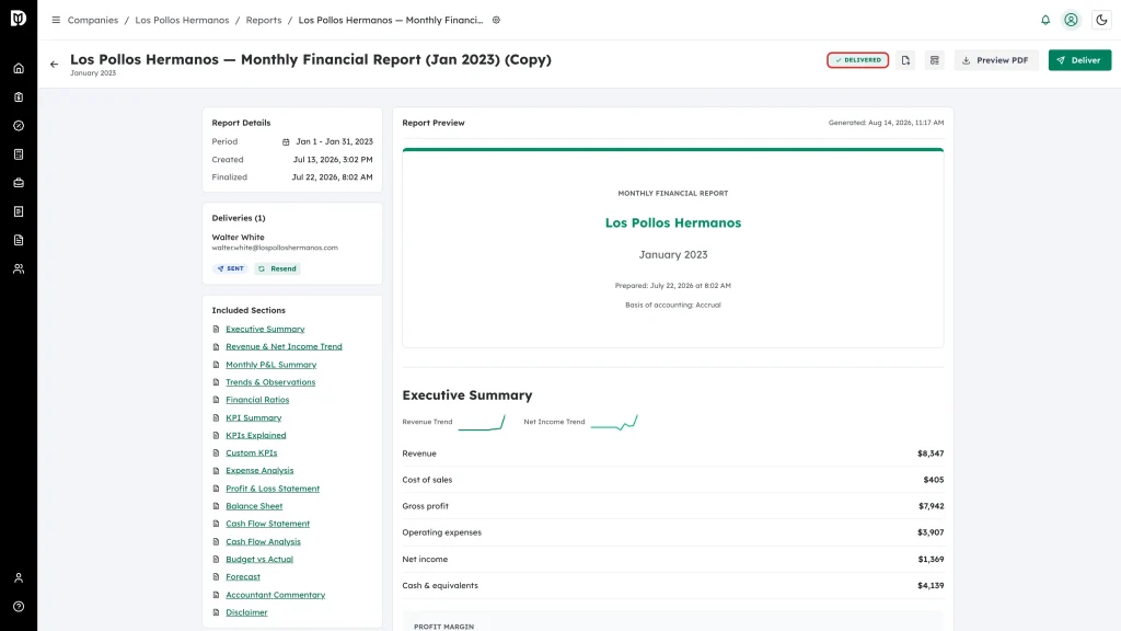 Delivered status badge highlighted in the report header