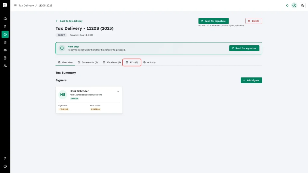 The K-1s tab highlighted on a 1120S tax delivery