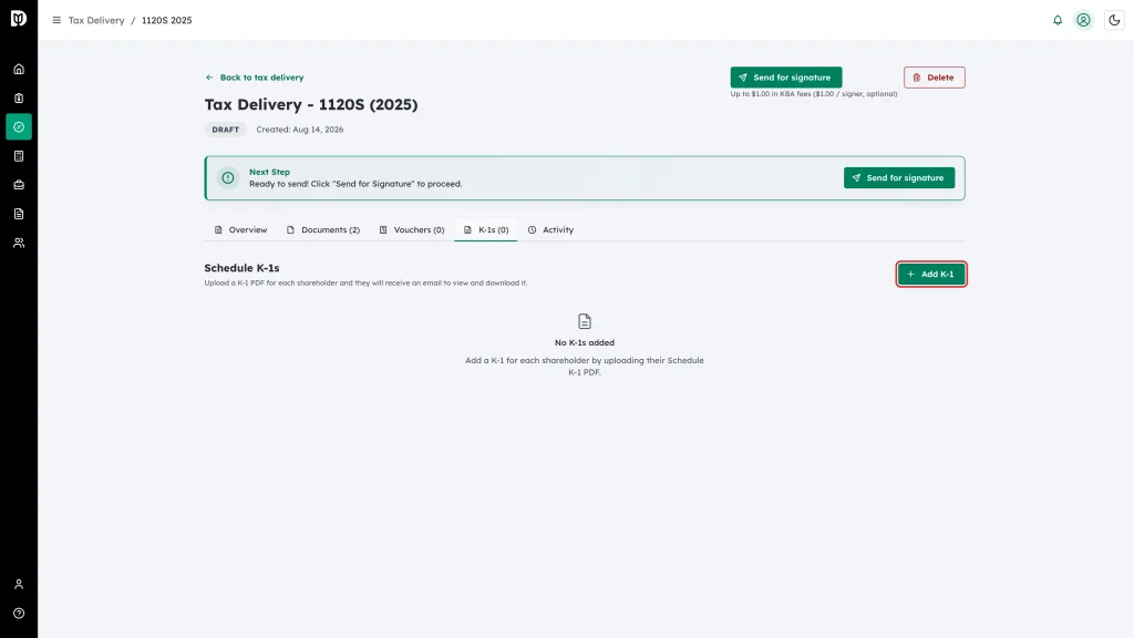 The Add K-1 button highlighted above the empty K-1 list