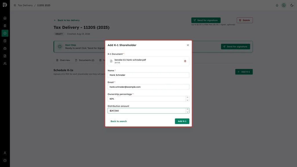 The K-1 Document upload area highlighted in the Add K-1 Shareholder window, above the name, email, ownership and distribution fields