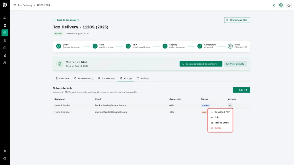 The K-1 row menu highlighted with Download PDF, Edit, Resend Email and Delete, beside rows showing Viewed and Sent statuses