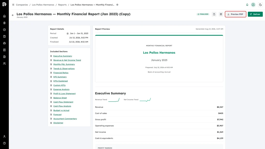 Preview PDF button highlighted in the report header