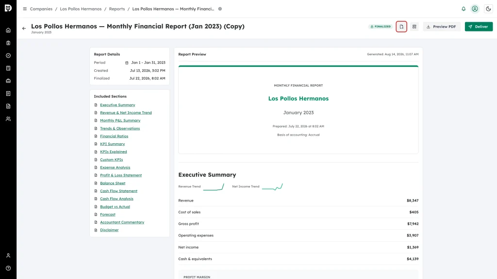 Export icon button highlighted in the report header