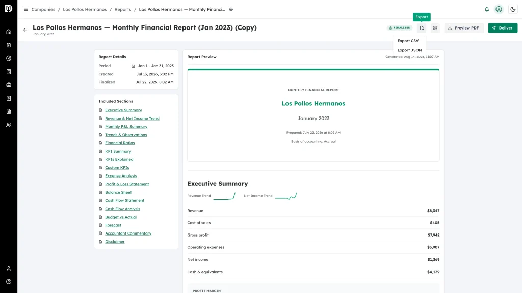 Export menu open with Export CSV and Export JSON