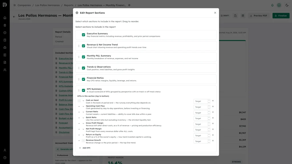Edit Report Sections window listing every available section