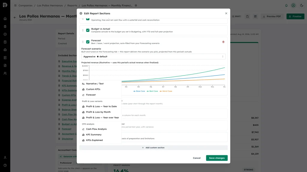 Add custom section menu open with the Narrative, Custom KPIs, Forecast and CFO analysis options