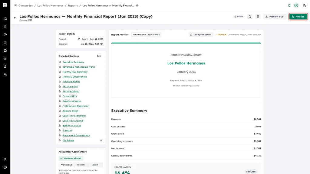 Finalize button highlighted in the report header