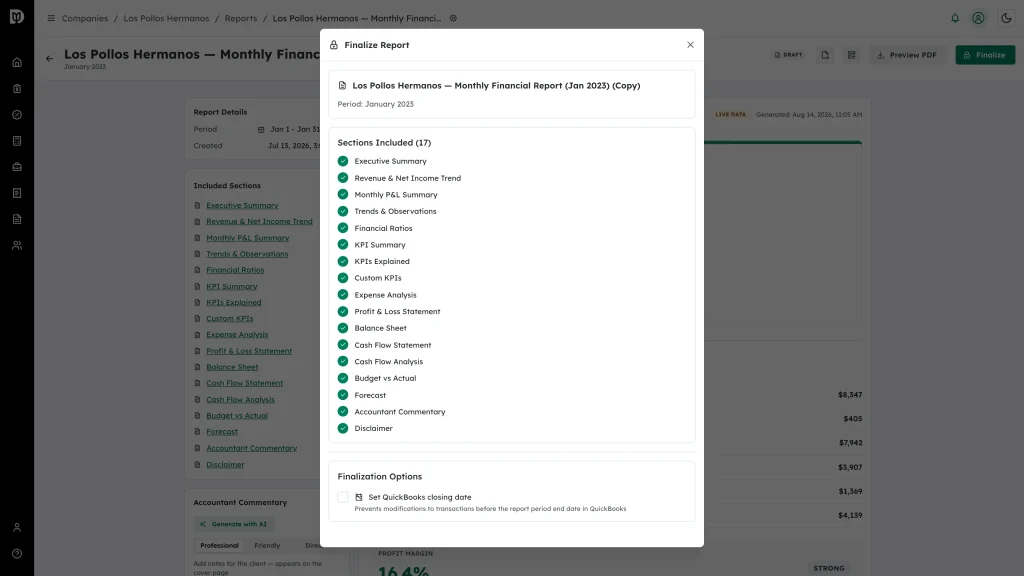 Finalize Report window showing the report title and period