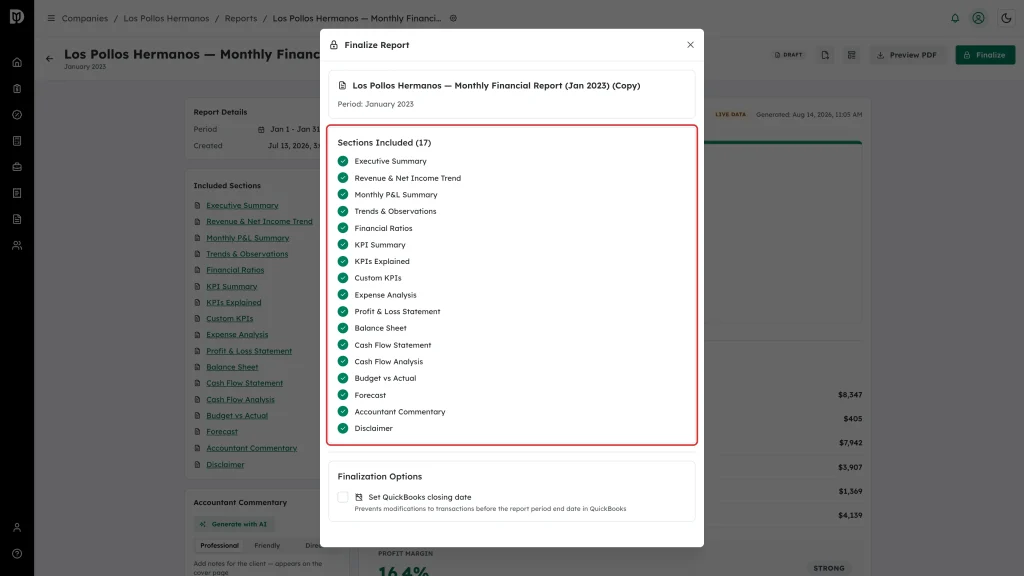 Sections Included list highlighted in the Finalize Report window