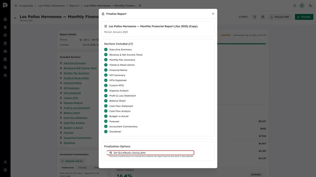 Set QuickBooks closing date option highlighted in the Finalize Report window