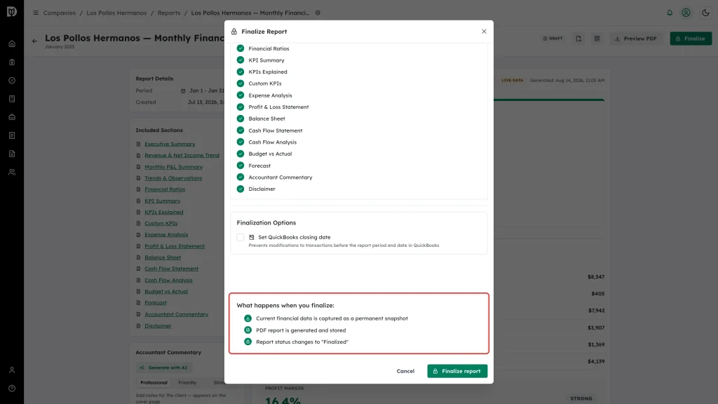 What happens when you finalize list highlighted in the Finalize Report window