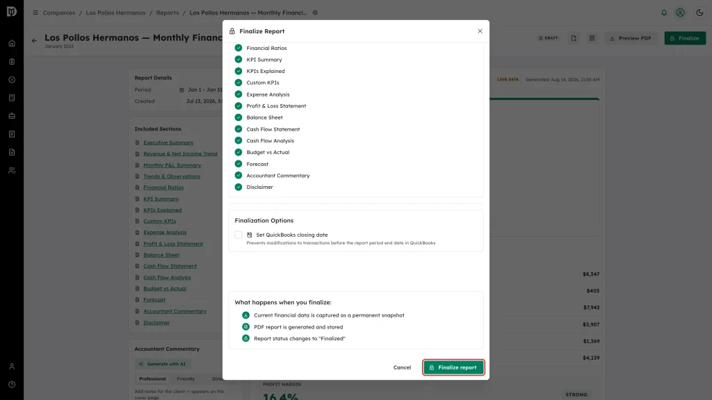 Finalize report button highlighted in the Finalize Report window