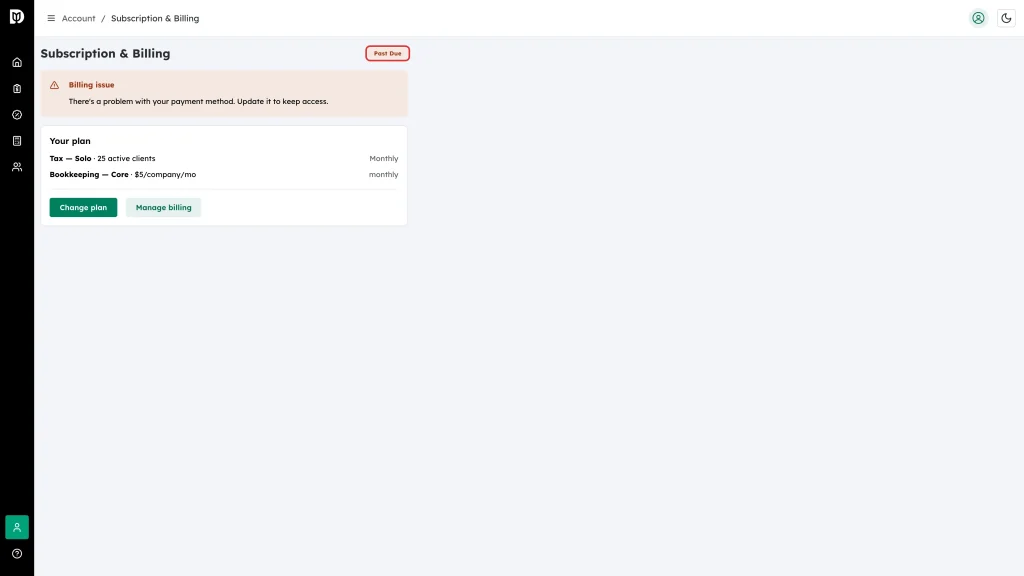 The Past Due badge beside the Subscription and Billing heading