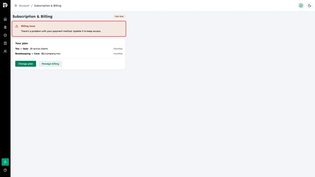 The Billing issue panel above the Your plan card