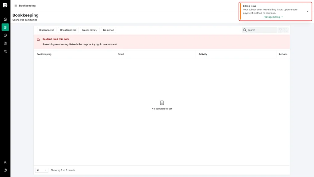 The Billing issue notification with a Manage billing link over a page that could not load its data
