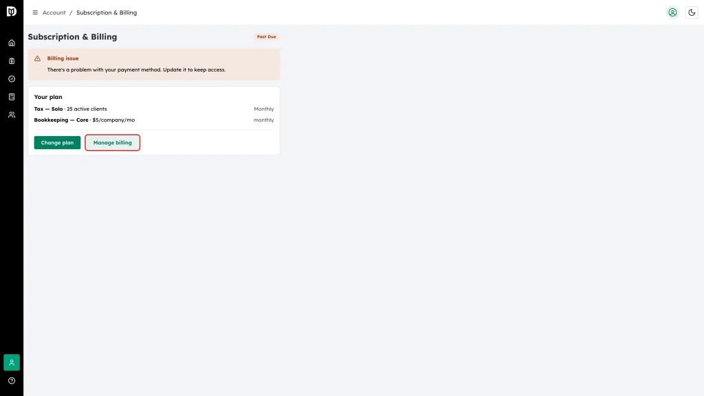 The Manage billing button on the Your plan card of a past-due subscription
