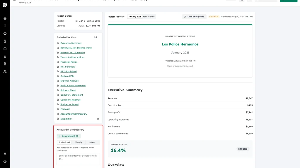 Accountant Commentary panel highlighted in the draft workspace