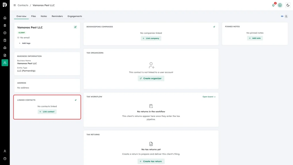 Linked contacts panel highlighted on a business contact