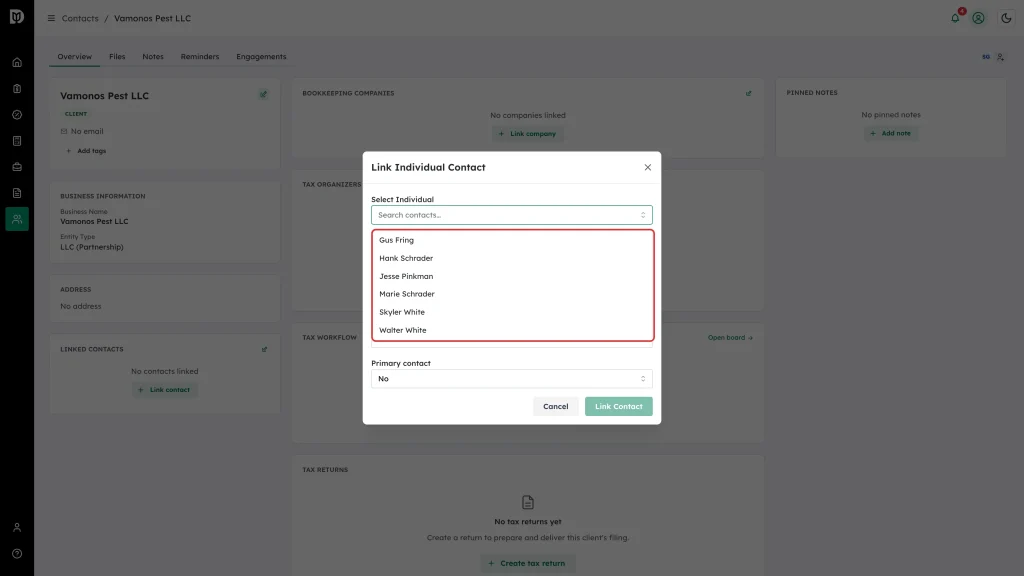 Select Individual list open with matching contacts